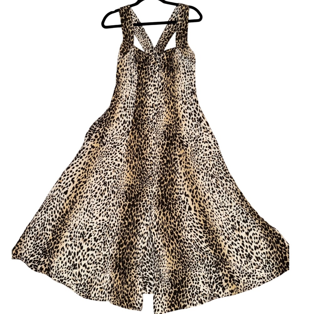 Vintage MODA INT Leopard Print Maxi MIDI Dress Spaghetti Strap Cross Back